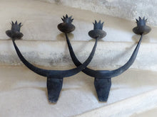 Load image into Gallery viewer, Vintage Brutalist Pair Wrought Iron Wall Light Sconce 1970 BULL head Rare French
