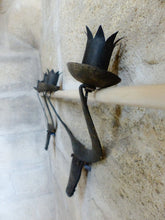 Load image into Gallery viewer, Vintage Brutalist Pair Wrought Iron Wall Light Sconce 1970 BULL head Rare French
