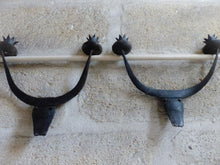 Load image into Gallery viewer, Vintage Brutalist Pair Wrought Iron Wall Light Sconce 1970 BULL head Rare French
