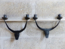 Load image into Gallery viewer, Vintage Brutalist Pair Wrought Iron Wall Light Sconce 1970 BULL head Rare French
