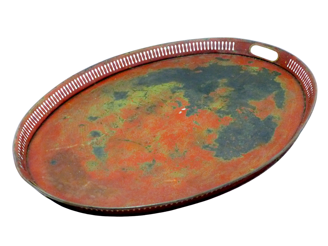 Antique 19th C. French Victorian Hand Painted Tole Metal Toleware Oval Tray Red