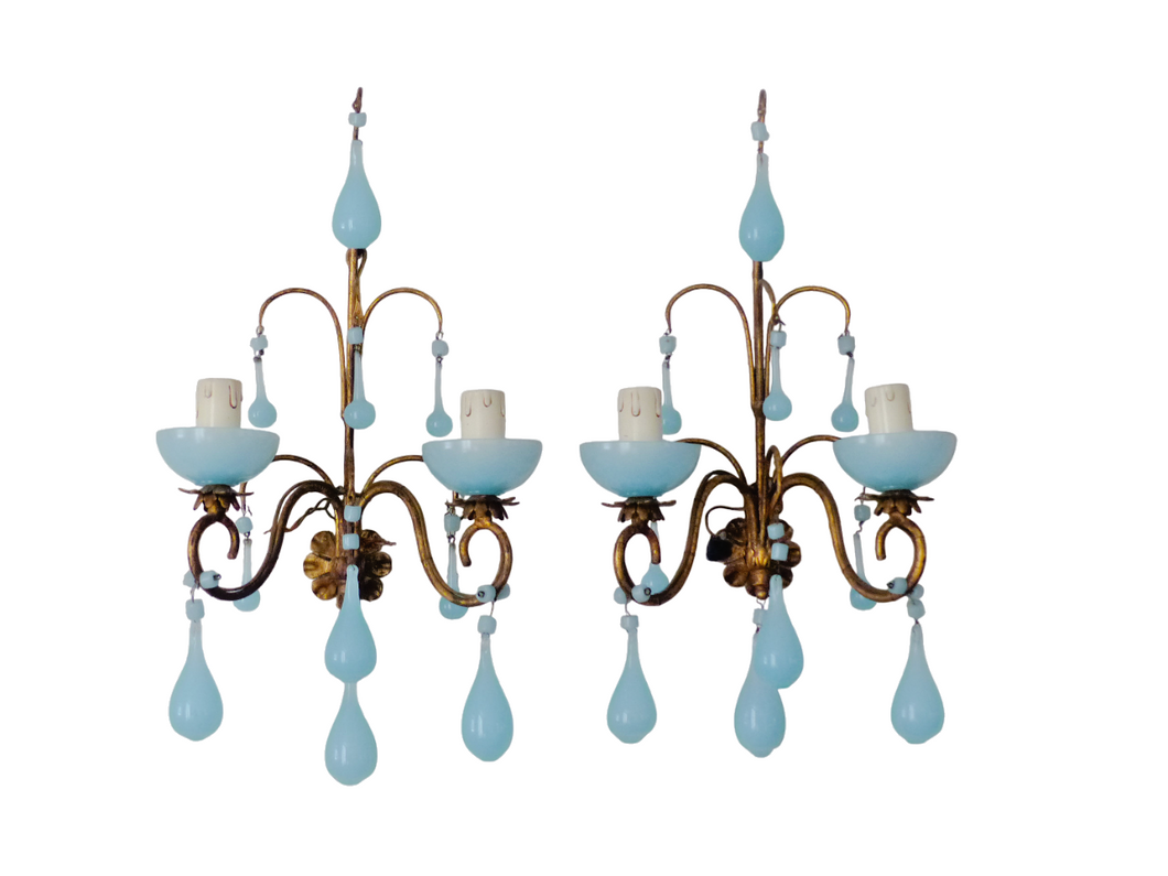 MURANO Antique PAIR Wall Light Aqua Blue Opaline Drops Cup 1930 Chandelier Bead3