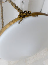 Load image into Gallery viewer, Antique French 3 Light Gilt Brass Bronze Chandelier Ceiling White Opaline Globe
