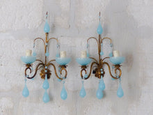 Load image into Gallery viewer, MURANO Antique PAIR Wall Light Aqua Blue Opaline Drops Cup 1930 Chandelier Bead3
