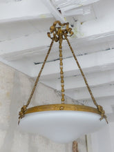 Load image into Gallery viewer, Antique French 3 Light Gilt Brass Bronze Chandelier Ceiling White Opaline Globe
