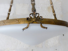 Load image into Gallery viewer, Antique French 3 Light Gilt Brass Bronze Chandelier Ceiling White Opaline Globe
