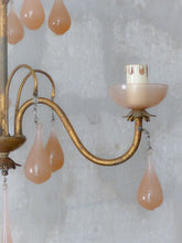 Load image into Gallery viewer, 1930 Antique Chandelier Pink Opaline Drops cup beads Murano Rare 3 lights Wall
