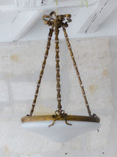 Load image into Gallery viewer, Antique French 3 Light Gilt Brass Bronze Chandelier Ceiling White Opaline Globe
