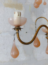 Load image into Gallery viewer, 1930 Antique Chandelier Pink Opaline Drops cup beads Murano Rare 3 lights Wall
