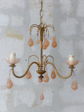 Load image into Gallery viewer, 1930 Antique Chandelier Pink Opaline Drops cup beads Murano Rare 3 lights Wall
