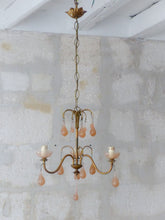 Load image into Gallery viewer, 1930 Antique Chandelier Pink Opaline Drops cup beads Murano Rare 3 lights Wall
