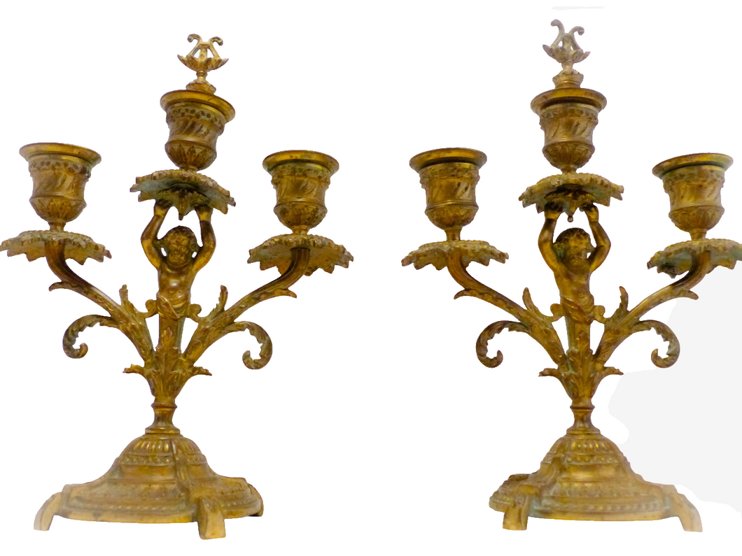 Gorgeous 19TH Antique Pair French Couple Cherub Candlestick gilded Bronze Patina