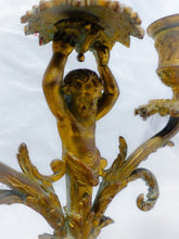 Load image into Gallery viewer, Gorgeous 19TH Antique Pair French Couple Cherub Candlestick gilded Bronze Patina
