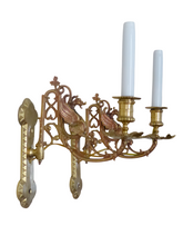 Load image into Gallery viewer, Pair Antique French Bronze Gothic Chimera Wall Light Sconce Gargoye Opaline Tube
