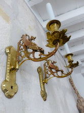 Load image into Gallery viewer, Pair Antique French Bronze Gothic Chimera Wall Light Sconce Gargoye Opaline Tube
