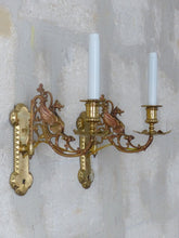 Load image into Gallery viewer, Pair Antique French Bronze Gothic Chimera Wall Light Sconce Gargoye Opaline Tube
