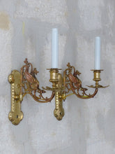 Load image into Gallery viewer, Pair Antique French Bronze Gothic Chimera Wall Light Sconce Gargoye Opaline Tube
