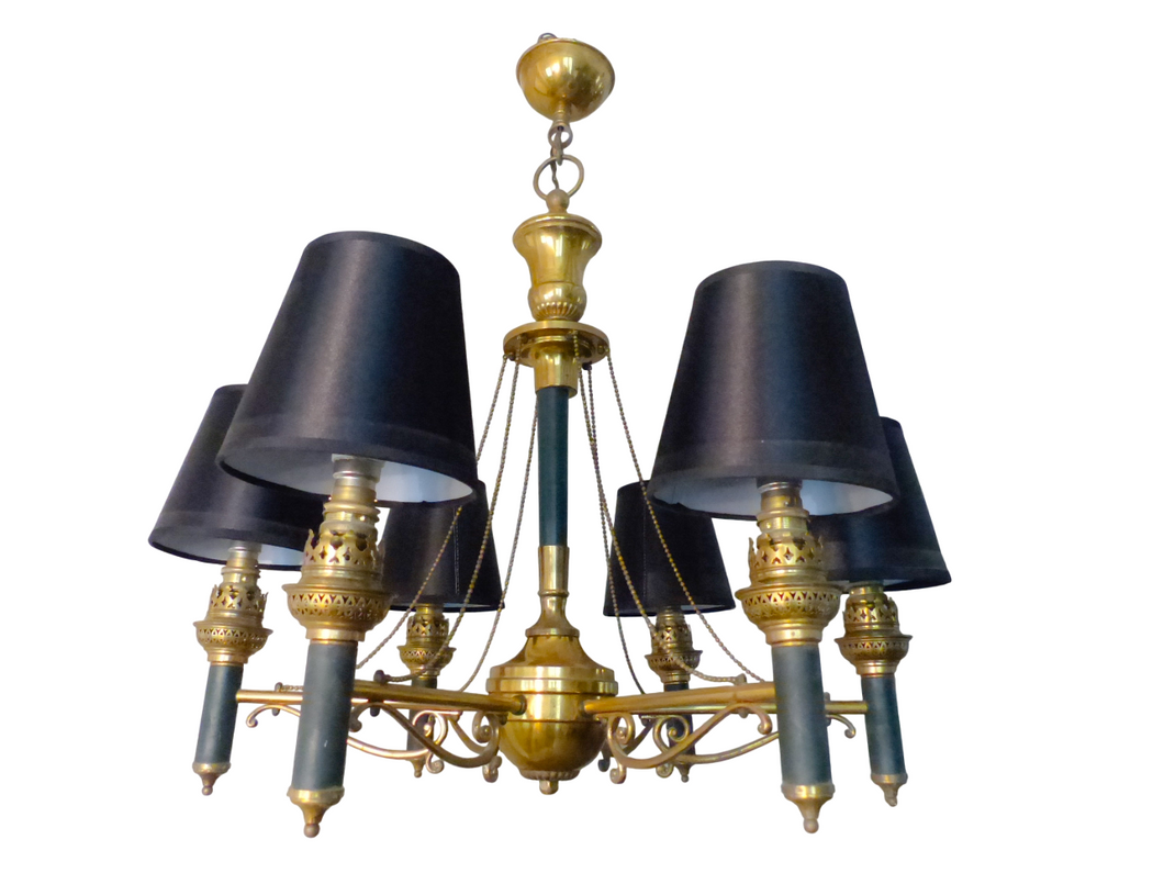 Vintage French Empire Sty. Ceiling Suspension Chandelier 1960 Gilded Green Metal