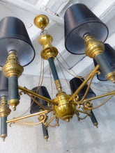 Load image into Gallery viewer, Vintage French Empire Sty. Ceiling Suspension Chandelier 1960 Gilded Green Metal
