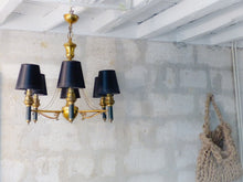 Load image into Gallery viewer, Vintage French Empire Sty. Ceiling Suspension Chandelier 1960 Gilded Green Metal
