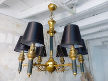 Load image into Gallery viewer, Vintage French Empire Sty. Ceiling Suspension Chandelier 1960 Gilded Green Metal
