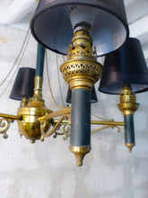 Load image into Gallery viewer, Vintage French Empire Sty. Ceiling Suspension Chandelier 1960 Gilded Green Metal
