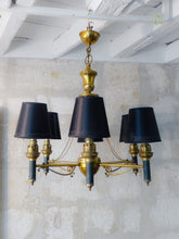 Load image into Gallery viewer, Vintage French Empire Sty. Ceiling Suspension Chandelier 1960 Gilded Green Metal
