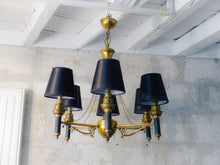 Load image into Gallery viewer, Vintage French Empire Sty. Ceiling Suspension Chandelier 1960 Gilded Green Metal
