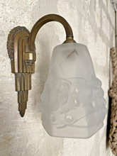 Load image into Gallery viewer, Antique Wall Light Sconce ART DECO Thick Molded Glass signed ROS Bronze 1930
