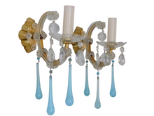 Load image into Gallery viewer, MURANO Antique Pair Wall Light Aqua Blue Opaline Drops Crystal 1950 Chandelier
