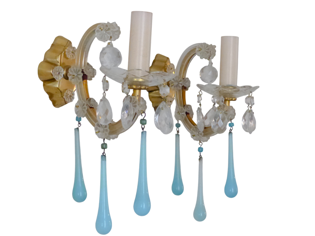 MURANO Antique Pair Wall Light Aqua Blue Opaline Drops Crystal 1950 Chandelier