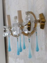 Load image into Gallery viewer, MURANO Antique Pair Wall Light Aqua Blue Opaline Drops Crystal 1950 Chandelier
