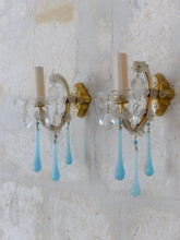 Load image into Gallery viewer, MURANO Antique Pair Wall Light Aqua Blue Opaline Drops Crystal 1950 Chandelier
