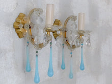 Load image into Gallery viewer, MURANO Antique Pair Wall Light Aqua Blue Opaline Drops Crystal 1950 Chandelier
