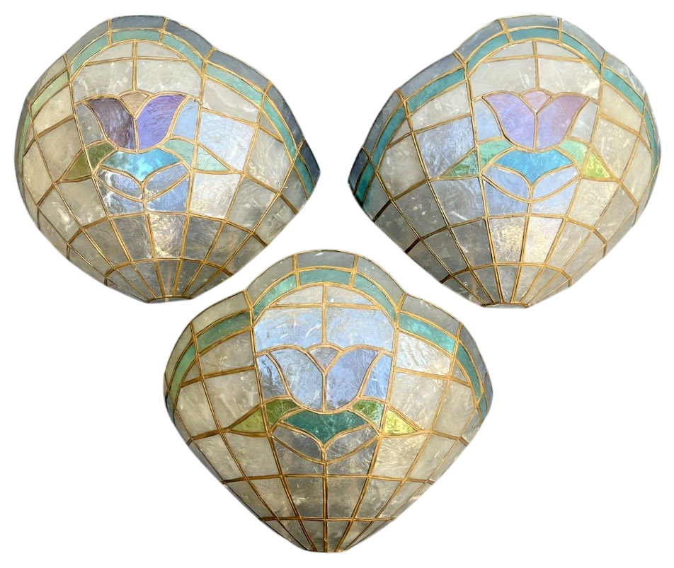 Superbe lot 3x anciennes appliques Nacre Décor Fleurs 1980 Multicolores