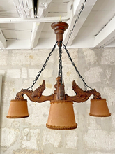 Load image into Gallery viewer, Nice Vintage French Carved Wood Gothic Chimera Chandelier 4 Lights Gargoye 1950
