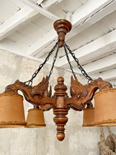 Load image into Gallery viewer, Nice Vintage French Carved Wood Gothic Chimera Chandelier 4 Lights Gargoye 1950
