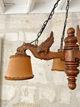 Load image into Gallery viewer, Nice Vintage French Carved Wood Gothic Chimera Chandelier 4 Lights Gargoye 1950
