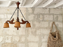 Load image into Gallery viewer, Nice Vintage French Carved Wood Gothic Chimera Chandelier 4 Lights Gargoye 1950
