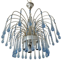 Load image into Gallery viewer, Vintage Waterfall Chandelier Blue Glass Drops 1970 MURANO Chrome VENINI Ceiling
