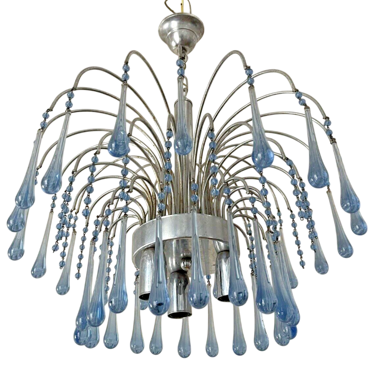 Vintage Waterfall Chandelier Blue Glass Drops 1970 MURANO Chrome VENINI Ceiling