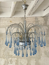 Load image into Gallery viewer, Vintage Waterfall Chandelier Blue Glass Drops 1970 MURANO Chrome VENINI Ceiling
