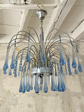 Load image into Gallery viewer, Vintage Waterfall Chandelier Blue Glass Drops 1970 MURANO Chrome VENINI Ceiling
