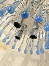 Load image into Gallery viewer, Vintage Waterfall Chandelier Blue Glass Drops 1970 MURANO Chrome VENINI Ceiling
