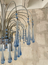 Load image into Gallery viewer, Vintage Waterfall Chandelier Blue Glass Drops 1970 MURANO Chrome VENINI Ceiling
