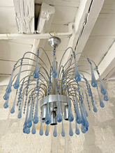 Load image into Gallery viewer, Vintage Waterfall Chandelier Blue Glass Drops 1970 MURANO Chrome VENINI Ceiling
