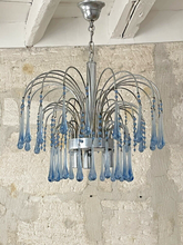 Load image into Gallery viewer, Vintage Waterfall Chandelier Blue Glass Drops 1970 MURANO Chrome VENINI Ceiling
