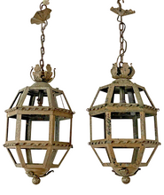 Load image into Gallery viewer, Gorgeous PAIR Antique French Lantern Tole Iron 1930 Chandelier Ceiling Shabby
