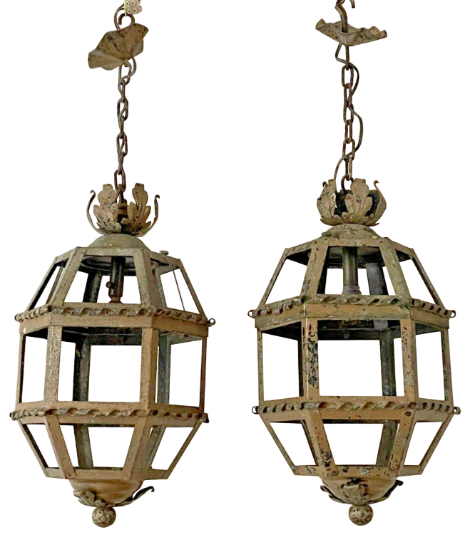 Gorgeous PAIR Antique French Lantern Tole Iron 1930 Chandelier Ceiling Shabby