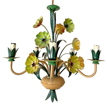 Load image into Gallery viewer, Charming Florentine Chandelier Painted Tole Metal Flowers 70&#39;s Italian Ceiling
